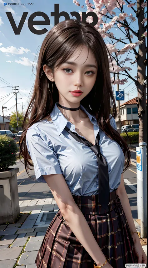 masterpiece, best quality, full body, 1girl, bangs, black choker, black necktie, black hair, blue skirt, blush, bracelet, breast...