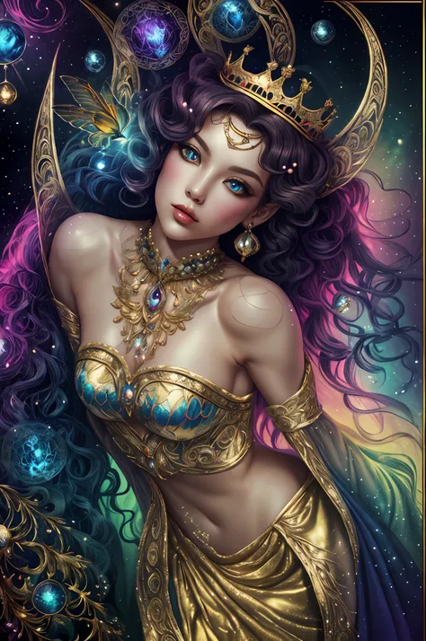In the style of mythic fantasy and storybook fantasy, with many bright rainbow colors. Generate a mysterious fae queen with puffy lips and a wide mouth. She has a dark curls_hairstyle, side_swept_hair with a realistic texture. She has a realistic skin text...