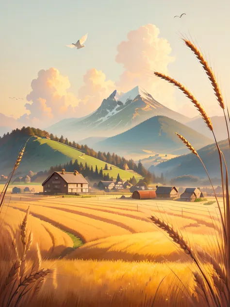 there is a photo of a farm scene，a bird flies over the mountain, anime countryside landscape, landscape illustration, zona rural...