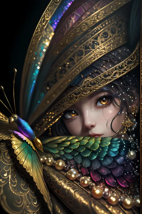 in the style of mythic fantasy and storybook fantasy, with many bright rainbow colors. generate a mysterious fae queen with puff...