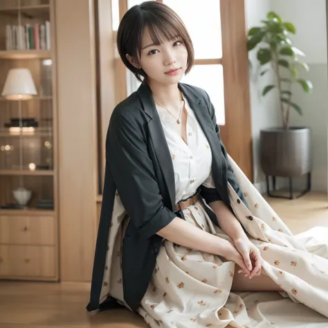 (beste Quality、a highres、A masterpie:1.3)、Tall and cute woman、Slender abs、chests、Wearing a pendant、White button-up shirt、belts、Black skirt、(Modern architecture in background)、Details exquisitely rendered in the face and skin texture、Detailed eye、Double eye...