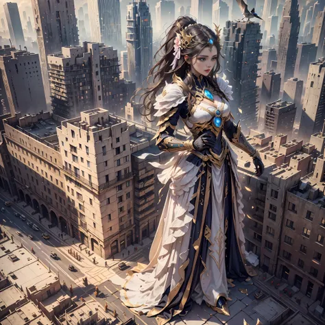 (the ancient king stood on the city wall.:1.3)，bird's eye view of the city。the tall and mighty mech looked golden，the city below...