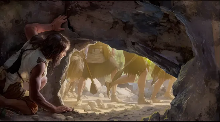 Generate an image depicting the scene of an Israelite spy watching through a crack in the wall the legs of enemy warriors patrolling Jericho. velho testamento, 1600 anos antes de Cristo, 4k, HDR