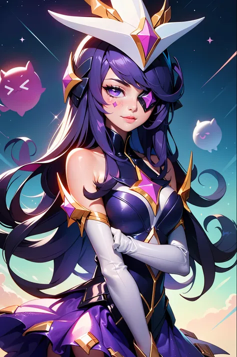 (masterpiece:1.2), best quality, (illustration:1.2), star guardian syndra, 1girl, eyepatch, hair ornament, frilled skirt, dress,...