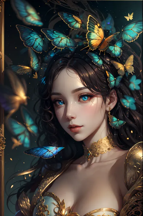 in the style of mythic fantasy and storybook fantasy, with many bright rainbow colors. generate a mysterious fae queen with puff...