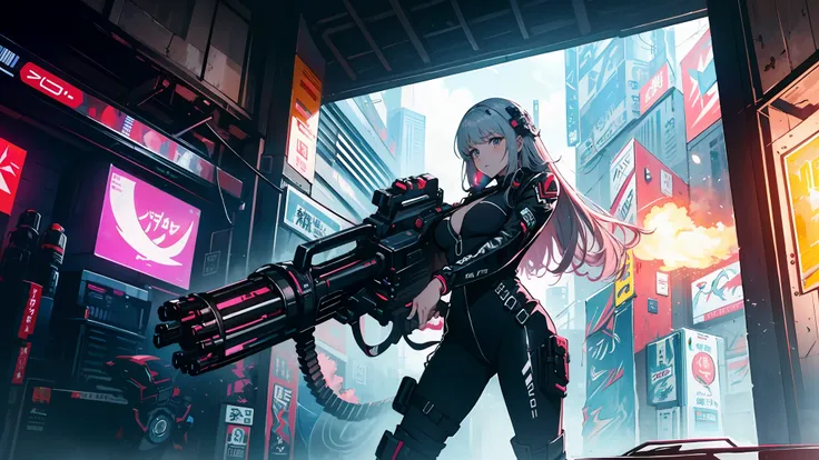 ((Best quality)), ((masterpiece)), (highly detailed:1.3) beautiful hyper waifu in cyberpunk bodysuit firing gatling gun,gun,anime,