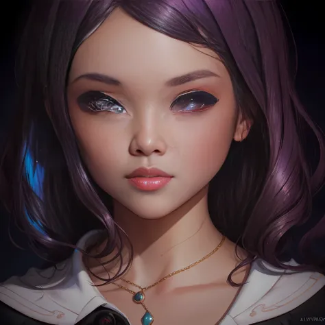 um close up de uma mulher com cabelo roxo e uma camisa preta, Ilya Kuvshinov. 4 mil, Retrato CGSetivity, Rosto de Ilya Kuvshinov, Arte digital realista 4K, Arte digital realista 4K, retrato do cabelo roxo da mulher, Artgerm ; motor 3d unreal, pintura digit...