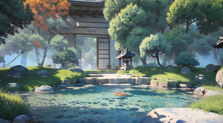 (Ancient Japanese garden design),porch,Sliding doors,Depth,symmetrical design,(wood planks,Furniture,Bonsai,vase,massive trees,florals,Japanese-style lamps,screen,ponds,courtyard,waterwheels),abundant detail,Ancient Japanese Showa style,Quiet and elegant a...