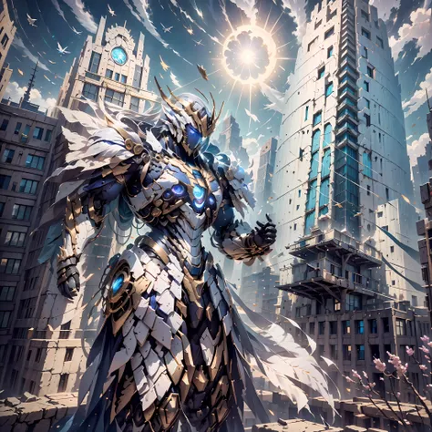 (the ancient king stood on the city wall.:1.3)，bird's eye view of the city。the tall and mighty mech looked golden，the city below...