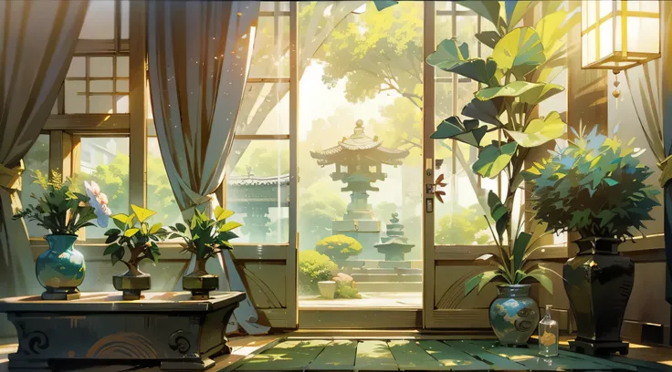 (Ancient Japanese garden design),(Cobblestone road,porch,Sliding doors,Depth,symmetrical design),(wood planks,Furniture,Bonsai,vase,massive trees,florals,Japanese-style lamps,screen,ponds,courtyard,waterwheels),abundant detail,Ancient Japanese Showa style,...