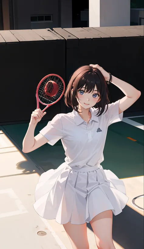 1The girls、shirts、preated skirt、17yearsold、Bob Hair Style、smile on face、delightful!、enmaided、Chromo-white skin、Beautiful Eyes、(small tits)、throb、Wimbledon、(Wearing white tennis wear)、Bright lighting、Vents、the sun、Various hair colors、
