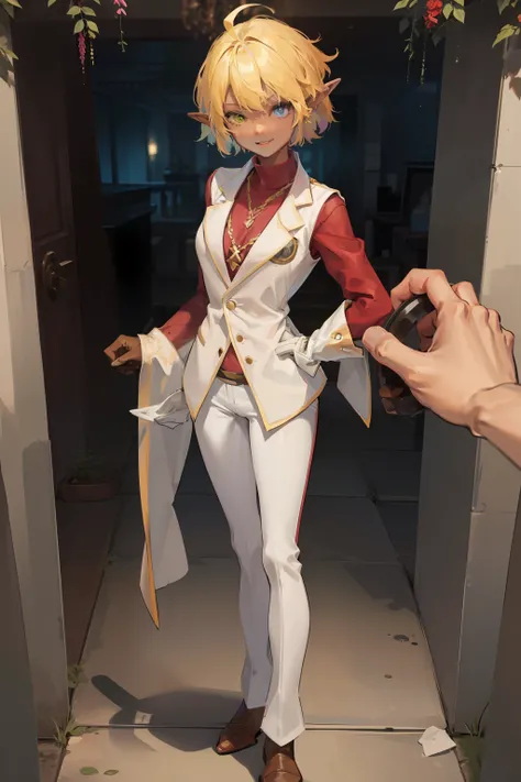 highly resolution, sharp-focus, pixivs masterpiece, ((with intricate details)), higly detailed, pointy ear, Heterochromia, 独奏, HAIR LOIRO, gloves, smile on face, Green eyes, Blue Eye, Ahoge, looking the viewer, 1girls, short hairs, Red shirt, vests, Long s...