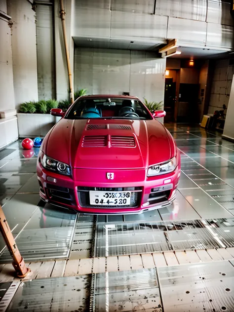 ferrari car in the garage，white walls and green and white floors, frontal picture, 256x256, 2 5 6 x 2 5 6, red car, 1/1250s at f...