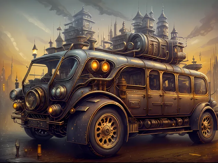 hay una imagen de un coche a vapor en una ciudad colonial, coche steampunk, arte digital steampunk, arte digital steampunk, sci-...