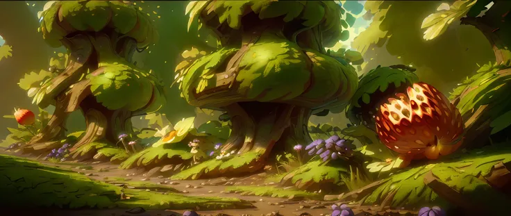 (Microscopic perspective),There are in the forest in the hot summer(Fantasy strawberries+Fantasy grapes+Fantasy flowers+Fantasy greenery+Fantasy Tree+earth+Fantasy fruit),(The vista is rich in detail:1.2),Lush fruit,Feel the sense of atmosphere wrapped in ...