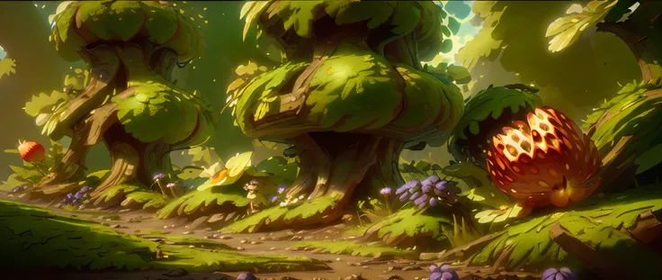 (Microscopic perspective),There are in the forest in the hot summer(Fantasy strawberries+Fantasy grapes+Fantasy flowers+Fantasy greenery+Fantasy Tree+earth+Fantasy fruit),(The vista is rich in detail:1.2),Lush fruit,Feel the sense of atmosphere wrapped in ...