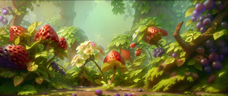 (Microscopic perspective),There are in the forest in the hot summer(Fantasy strawberries+Fantasy grapes+Fantasy flowers+Fantasy greenery+Fantasy Tree+earth+Fantasy fruit),(The vista is rich in detail:1.2),Lush fruit,Feel the sense of atmosphere wrapped in ...