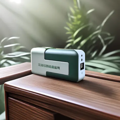 There is a metal USB stick on the table，Give it a close-up，The table top is slightly decorated with greenery。Bright style