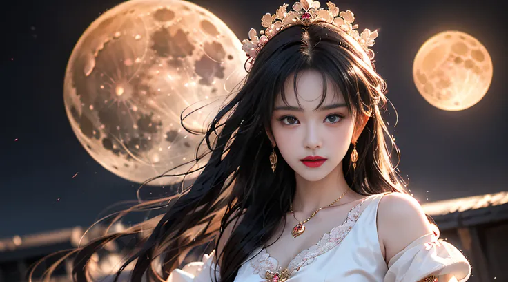 1 adult empress wearing a red lace top, deep-breasted nightgown, Chinese-style clothes, ancient costumes with many phoenix patterns, flawless pink and white face, crowned head, hip-length black hair , very beautiful and sharp brown eyes, small red lips, pa...