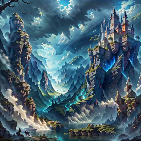 High resolution, super detailed, official art, unified 8k wallpaper, super detailed, beautiful and aesthetic, elven kingdom, castle built on a cliff, world tree, vines, thorns, dark, forest, lake, sky, clouds, magic, fantasy incredible, supersaturated, sur...