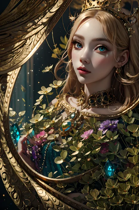 in the style of mythic fantasy and storybook fantasy, with many bright rainbow colors. generate a mysterious fae queen with puff...