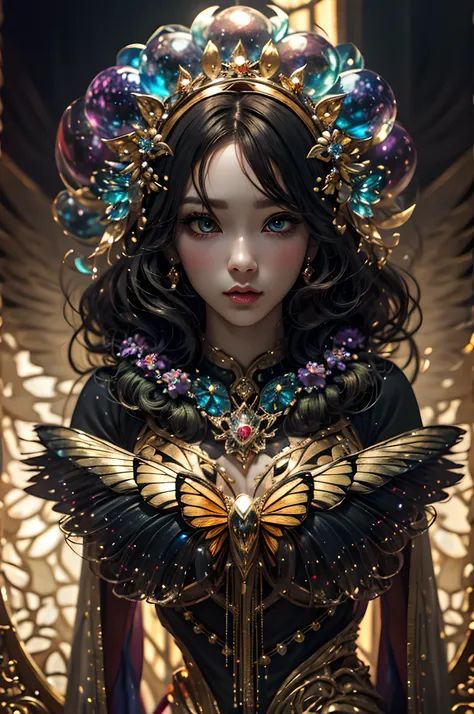 in the style of mythic fantasy and storybook fantasy, with many bright rainbow colors. generate a mysterious fae queen with puff...