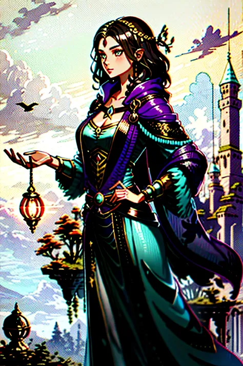 woman, 20 years old, short wavy dark hair, sorceress of a fantasy adventure