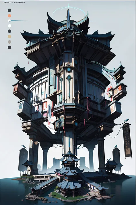 Game Academy,Ethno-style architecture,Ancient Chinese,Structurally sound、high-definition details,Science fiction,neon lit,The cyberpunk,Hologram halo effect,perfect works,White background,(杰作,premier quality,best qualitiy,officlal art,Beauty and aesthetics...