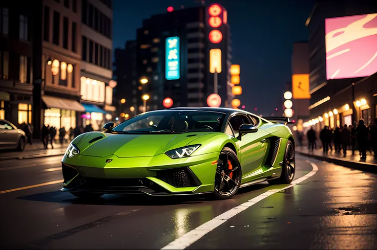 a frontal shot of a green lamboavent at night, neon light under the car