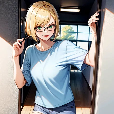1girl, 2solo focus, Beautiful anime portrait of a preppy college girl with a blond short pixie bob haircut wearing a light blue t-shirt and white shorts, green eyes, glasses, dark eyeliner, peach-colored lipstick, leaning towards the viewer aggressively, s...