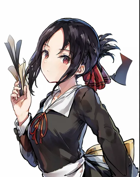 need,hight detail,杰作,Ultra detailded,独奏,1个女孩,White background,exquisite eyes,Shuchi-in uniform,Shinomiya Kaguya,Red ribbon,Brunette Big breasts,Fold the ponytail,hair tie,Crimson eyes,Hair bangs,Black dress,brow hair,Lateral hair,bare forehead,