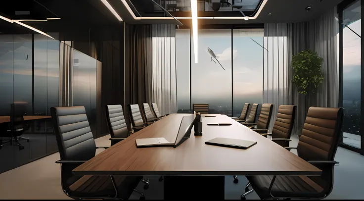 there is a large conference table，there is a laptop on it, in a meeting room, modern office, office, graphical, office ceiling p...