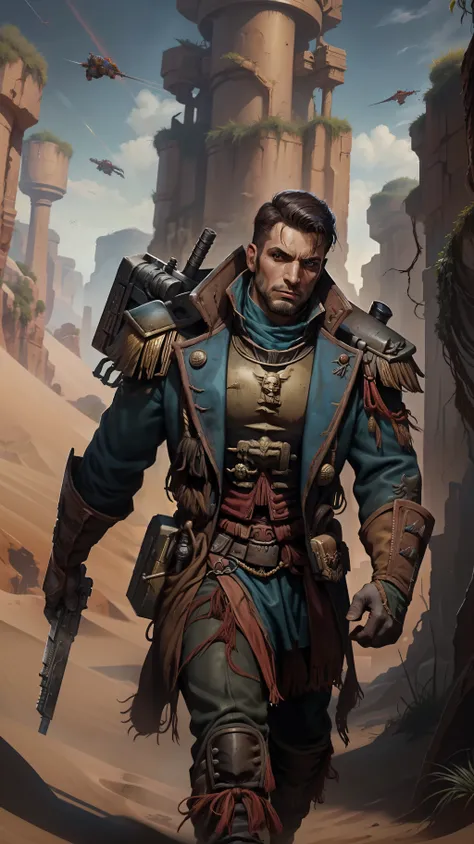 warhammer 40k commissioner, homem, barba curta, cabelo preto, olhos claros, pose de batalha, com ((uma espingarda bolter)), roup...