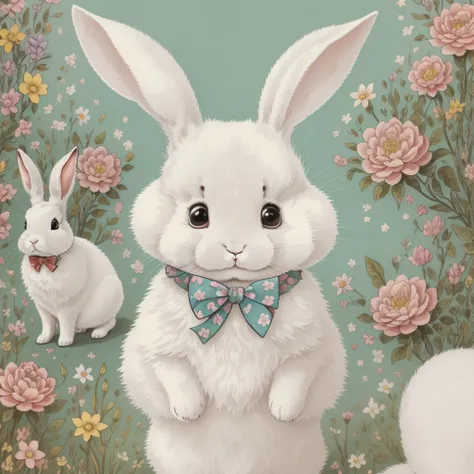 children's picture book illustration、cute white rabbit、front on、lateral face、behind、setting image、a pretty、bipedal、humanificatio...