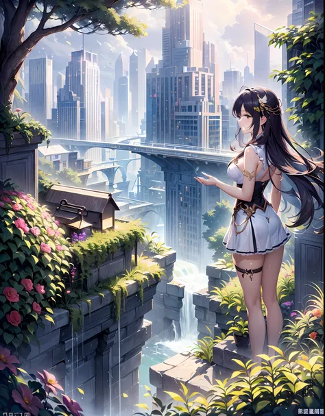 (garden-like city below:1.4),(the high-rises of the future crisscross the sea:1.2),(beautiful girl standing on the edge of the w...