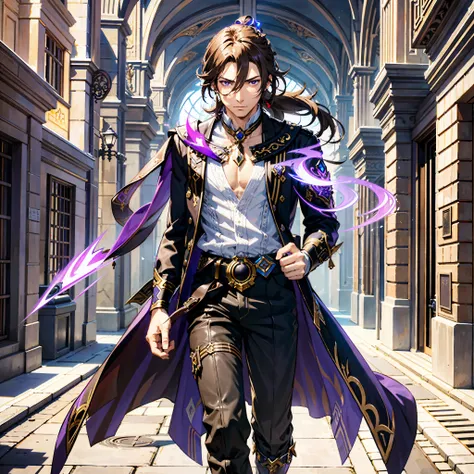 masterpiece, best quality, 1man, adult, male focus, solo, medium brown hair, ponytail, vibrant purple eyes, looking at viewer, closed mouth, upper body, high collar,(kbxll:0.6), modern aesthetics, Highly detailed, shadowverse style, sorcerer, leather coat,...