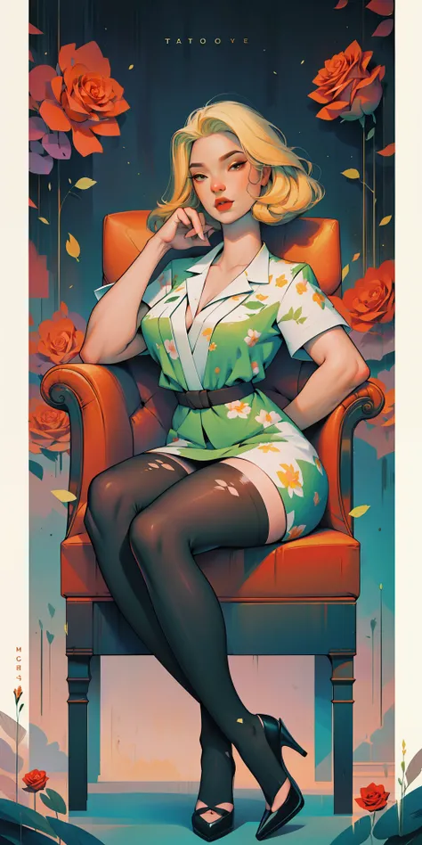 Background, in a chic expensive chair, legs crossed, neon lights, neon garlands, rose hair, mixed-language_SMS, Japanese letters in graffit, (beautiful and clear background:1.2),, fantastic paintings ,graffit style, olhos altamente detalhados , a white t-s...