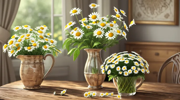 there is a cup of daisies on a wooden table, canvas print, in the morning, morning time, vase with flowers, chamomile, flowers b...