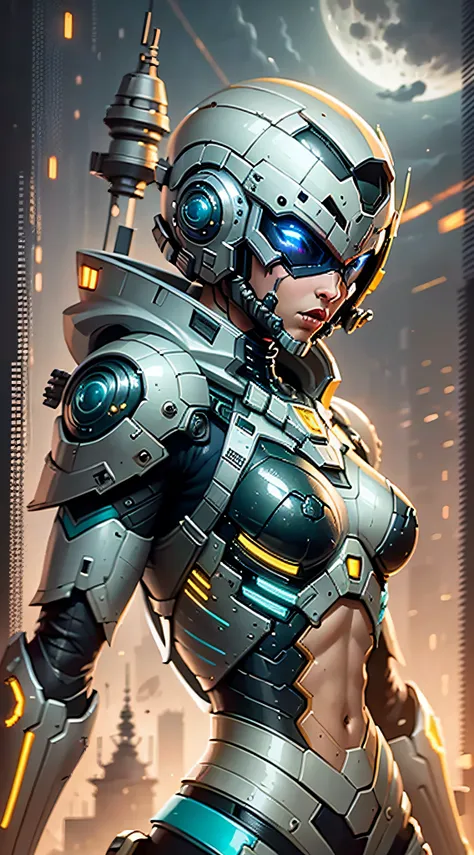 marine space, martelo 40,000, mundo em guerra, linda mulher cyberpunk com armadura mecha master chef halo muito detalhado, mecha...