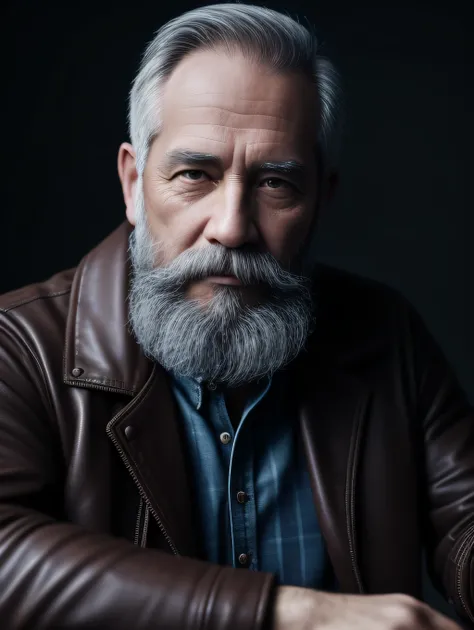 Portrait of a middle-aged man,The skin on the face,Wrinkled beard gray lumberjack style,Raw leather jacket,Plaid shirt,stiff countenance。Ultra-detailed scenes,dslr camera with 50mm Lens,Soft studio lighting,Authentic photography