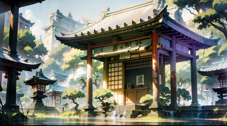 japanese anime scene design，ancient shrines，ancient japanese showa style，quiet and elegant atmosphere，delicate and soft painting...