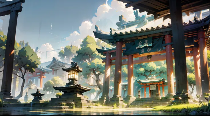 japanese anime scene design，ancient shrines，quiet and elegant atmosphere，delicate and soft painting style，cinematic lighting eff...