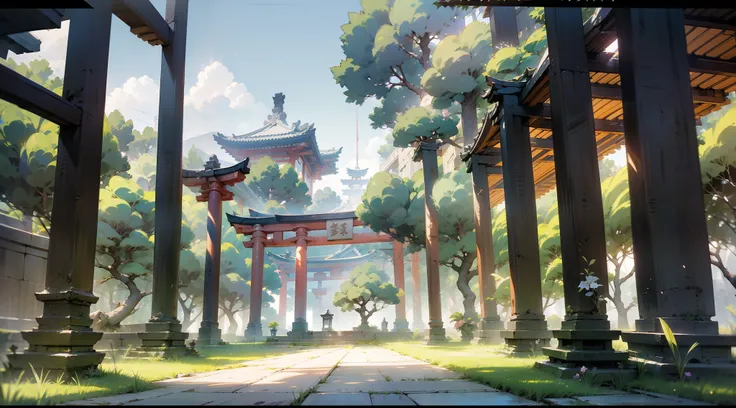 japanese anime scene design，ancient shrines，hillside，massive trees，wisteria flowers，quiet and elegant atmosphere，delicate and so...