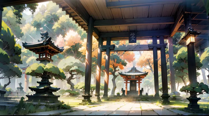 japanese anime scene design，ancient shrines，hillside，massive trees，wisteria flowers，quiet and elegant atmosphere，delicate and so...