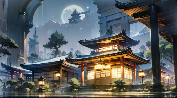 japanese anime scene design，ancient shrine at night，（night，fireflys，as estrelas，the moon，hillside，massive trees，wisteria flowers...