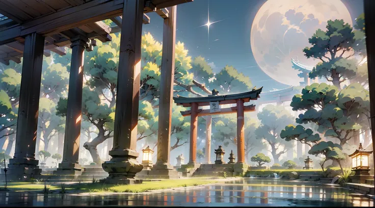 japanese anime scene design，night，（night，fireflys，as estrelas，the moon，hillside，massive trees，wisteria flowers），quiet and elegan...