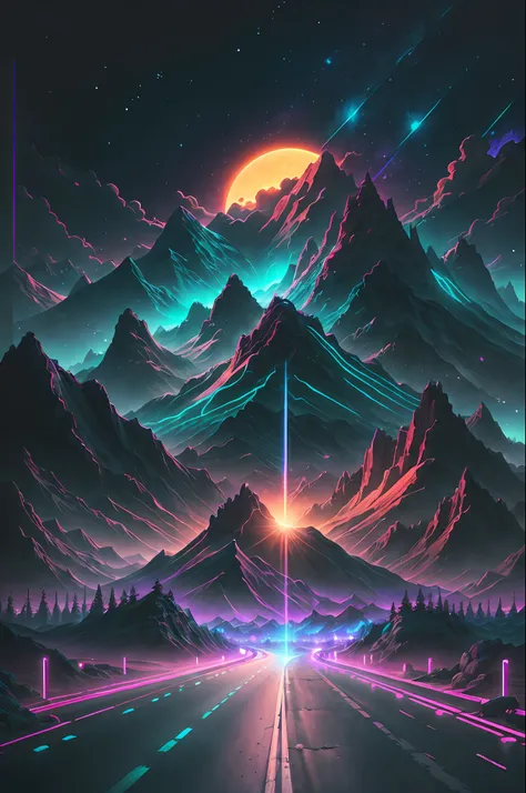 retrowave.  road,  purple neon lights, sun, mountain, 
(masterpiece,detailed,highres),