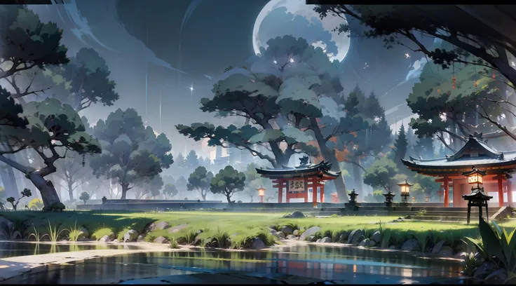 japanese anime scene design，ancient shrine at night，（night，fireflys，as estrelas，the moon，hillside，massive trees，wisteria flowers...