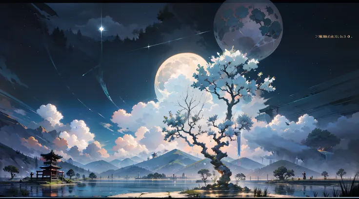 Japanese anime scene design,(midnight,fireflys,As estrelas,The moon,hillside,massive trees,Wisteria flowers),Quiet and elegant atmosphere,Delicate and soft painting style,Cinematic lighting effects,HD picture quality,abundant detail,32K,Very perfect and un...