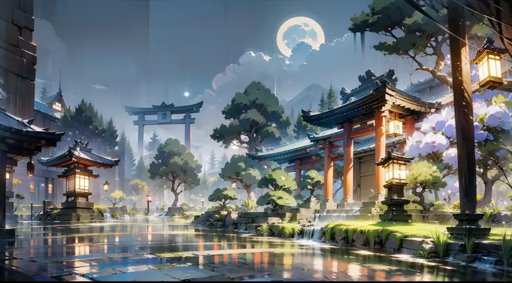 Japanese anime scene design,(midnight,fireflys,hotsprings,As estrelas,The moon,hillside,massive trees,Wisteria flowers),Quiet and elegant atmosphere,Delicate and soft painting style,Cinematic lighting effects,HD picture quality,abundant detail,32K,Very per...